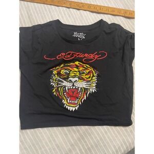 Ed Hardy Womens Black Tiger Rhinestone Crop Top Short Sleeve Tee Large